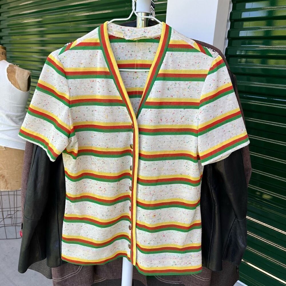 True Vintage Leslie Fay Striped Cardigan Buttondown Shirt Retro Colorful Cardiga